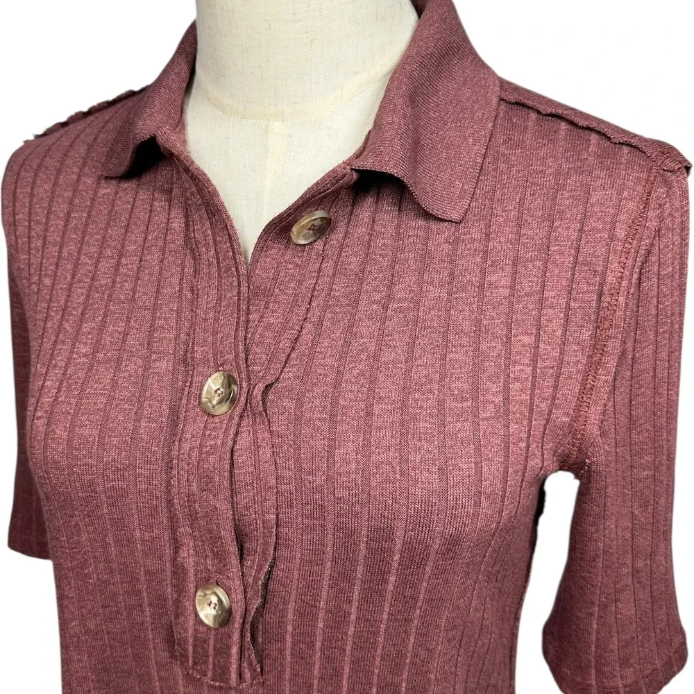 Free People Heart Strings Brown‎ Polo Ribbed Knit Shirt Top XS Old Money Preppy
